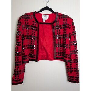 Carmen Marc Valvo Evening Jacket Cropped Red Beaded Formal Elegant Lined Sz Sm